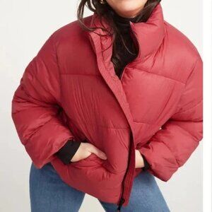 Old Navy Womens XXL Water-Resistant Puffer Jacket Cropped Red Zip‎ Pockets Fall